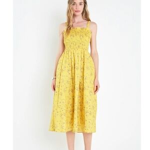 NWT English Factory Yellow Floral Cotton Smocked Sleeveless Midi Dress Size L